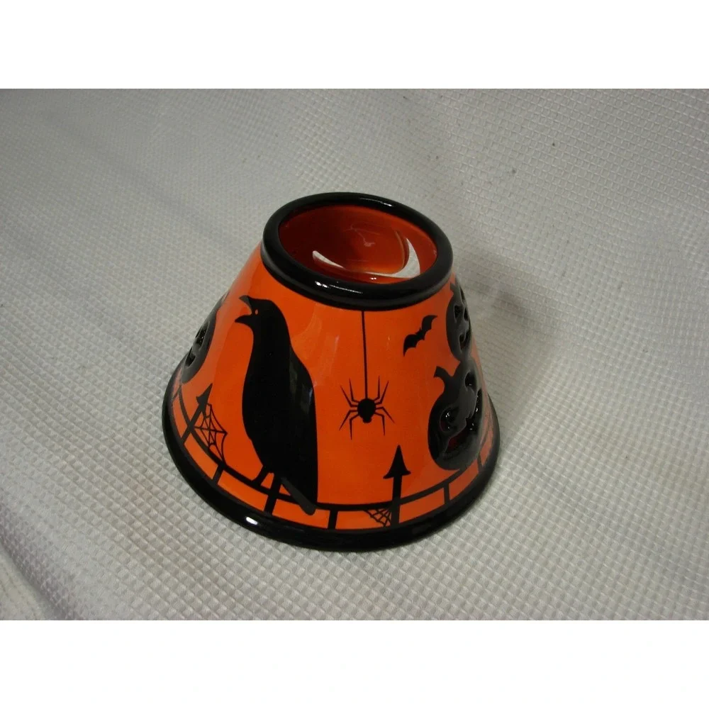 Orange Black Ceramic Jar Candle Shade Topper Halloween Spooky Pumpkin Bats Owl